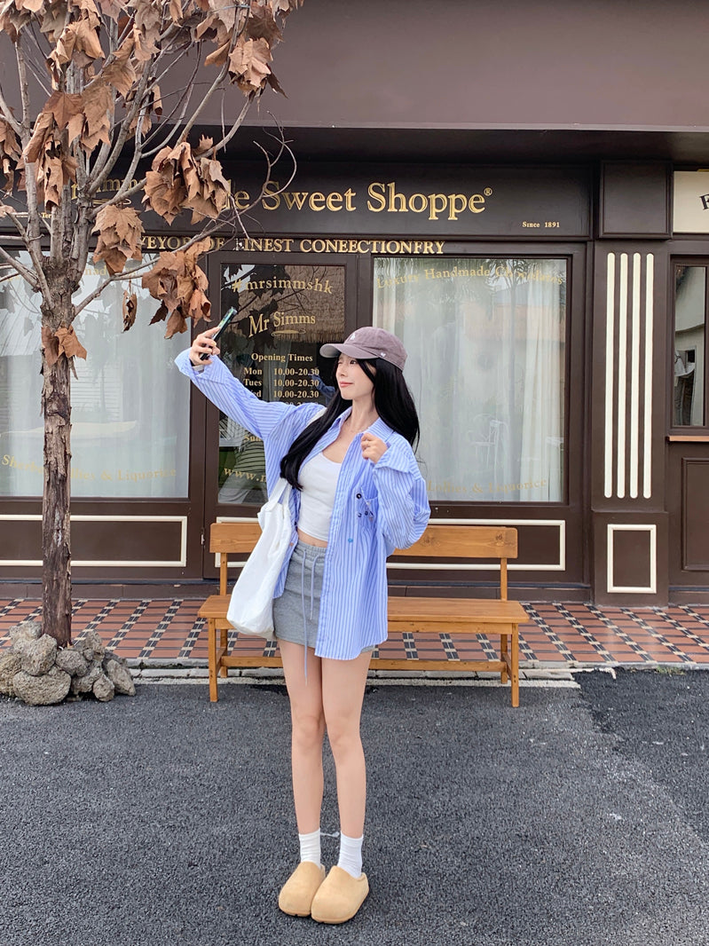 💕青春寬鬆百搭別緻彩色鈕扣條紋襯衫