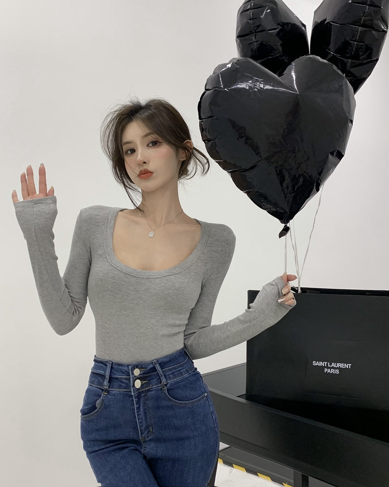 💕百搭低U領修身彈力長袖打底上衣