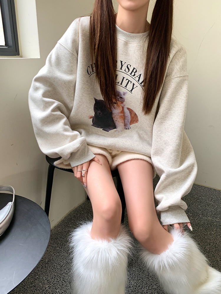 💕秋冬可愛貓咪疊疊樂印花圓領長袖上衣