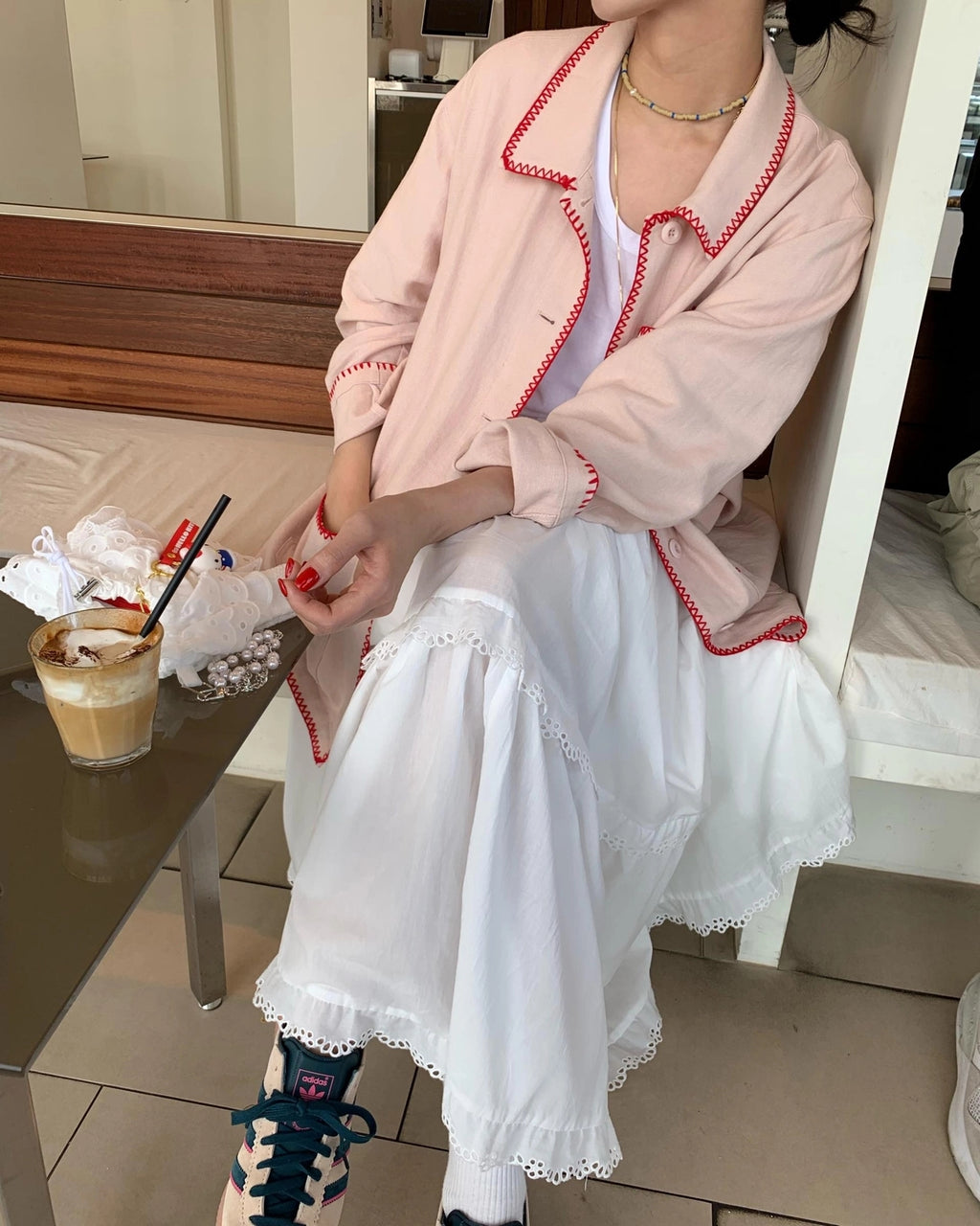 💕韓系東大門復古高腰拼接蕾絲邊蛋糕休閒長裙