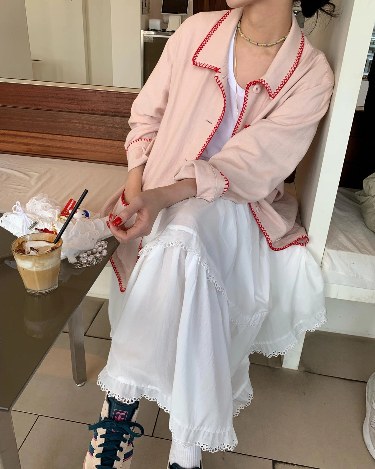 💕韓系東大門復古高腰拼接蕾絲邊蛋糕休閒長裙