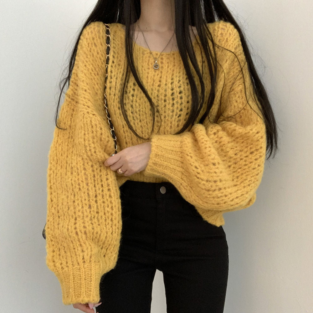 💕韓系chic春秋百搭寬鬆燈籠袖針織上衣