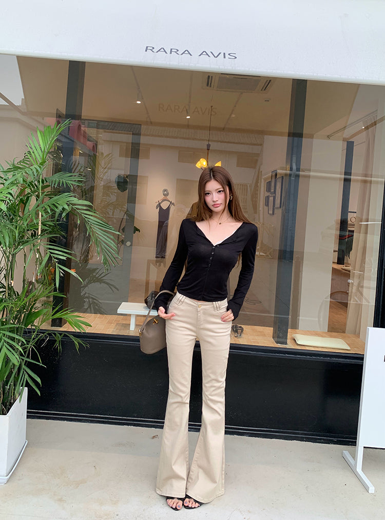 💕法式老錢風卡其中低腰顯瘦微喇叭長褲