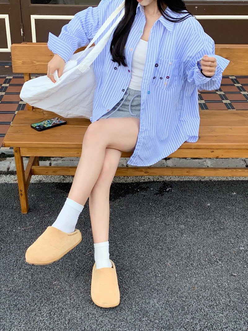 💕青春寬鬆百搭別緻彩色鈕扣條紋襯衫