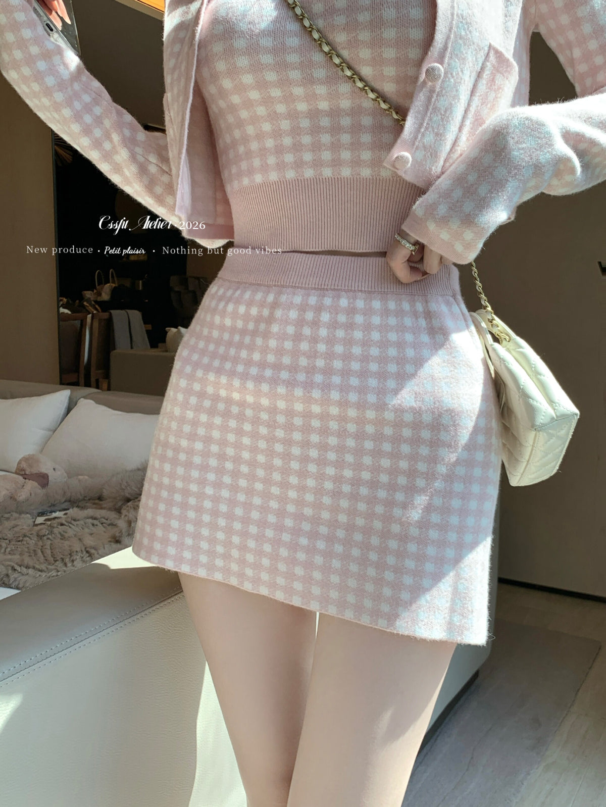 💕海鹽香頌藍粉格子三件套