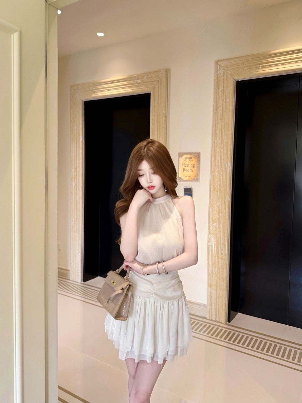 💕法式溫柔無袖掛脖連衣裙