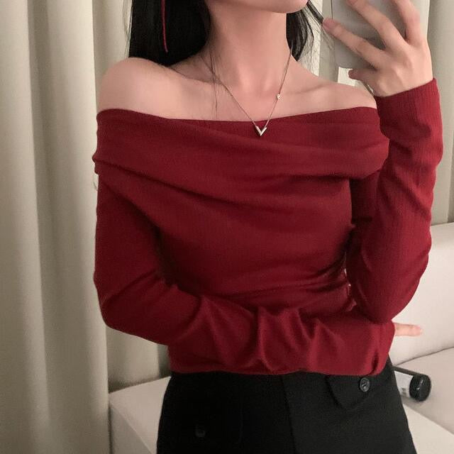 💕溫柔春秋純欲露肩+飄帶顯瘦法式上衣