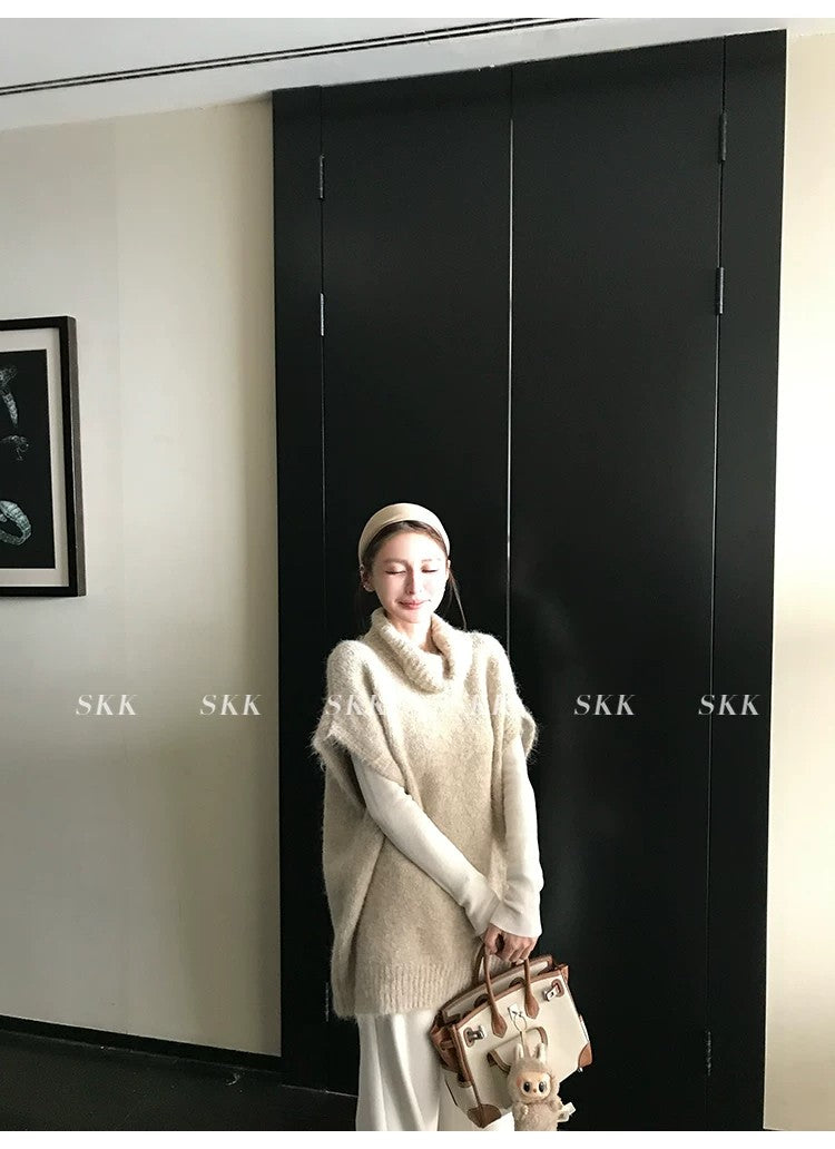 💕春季疊穿羊毛拉毛高領背心馬甲慵懶毛衫