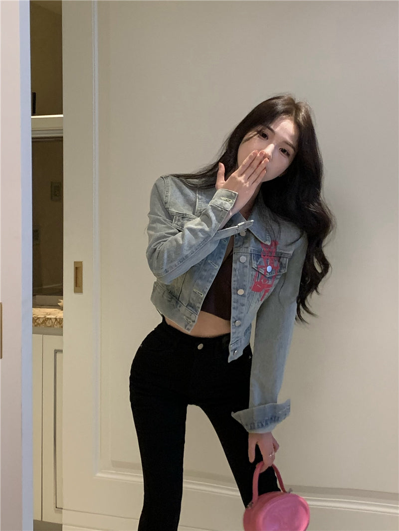 💕美式甜酷塗鴉字母印花短款夾克牛仔外套