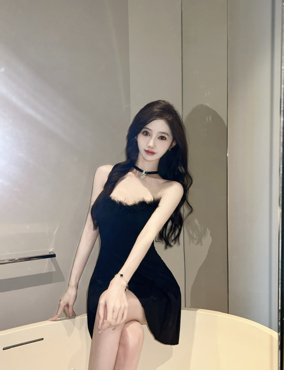 💕法式性感毛毛拼接抹胸大擺連衣裙