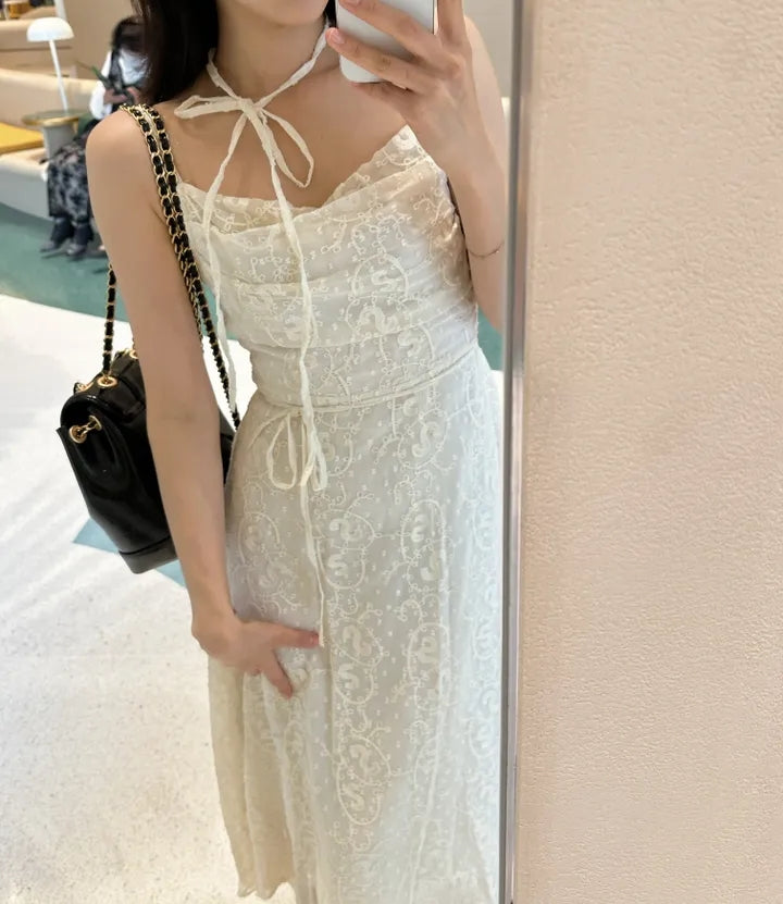 💕ihs系溫柔蕾絲性感露背鬆緊系帶收腰吊帶長裙
