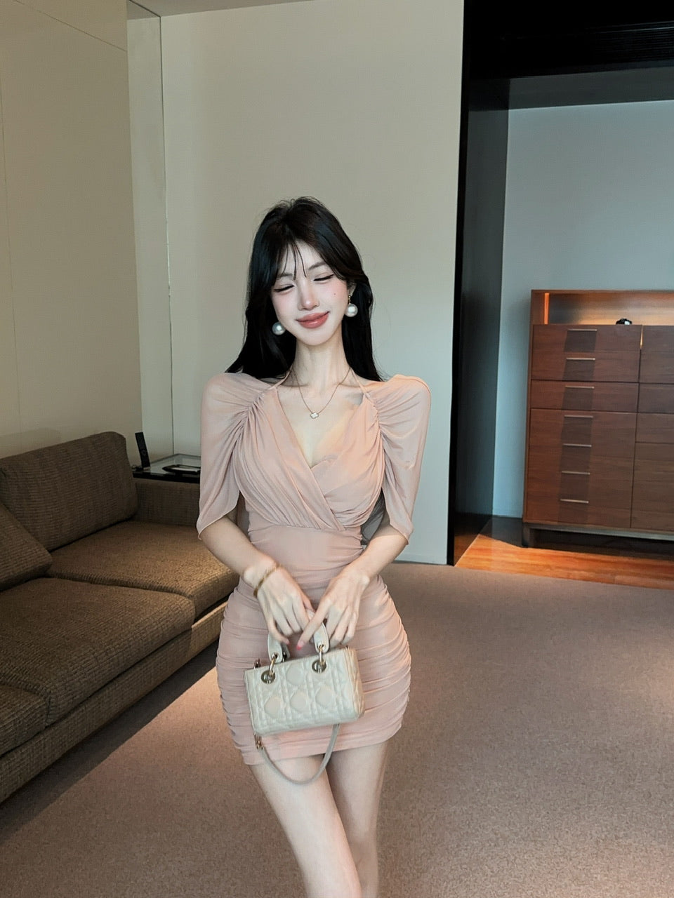 💕約會性感網紗綁帶包臀假兩件連身裙