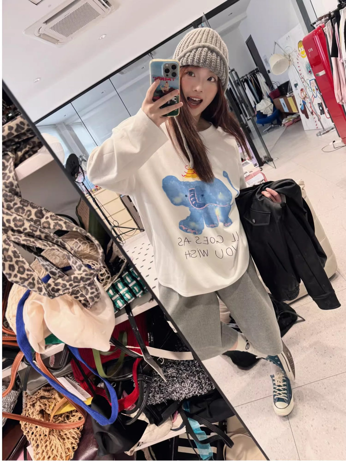 💕chic韓系春秋大象印花簡約T袖