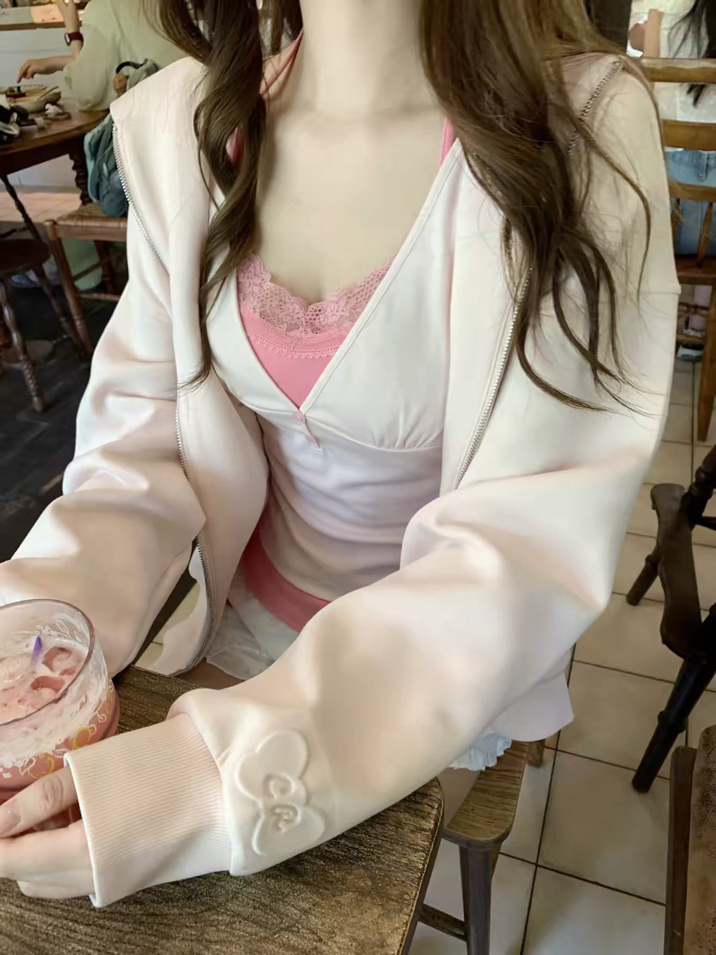 💕氣質立體蝴蝶結凹凸印白金拉鍊連帽外套