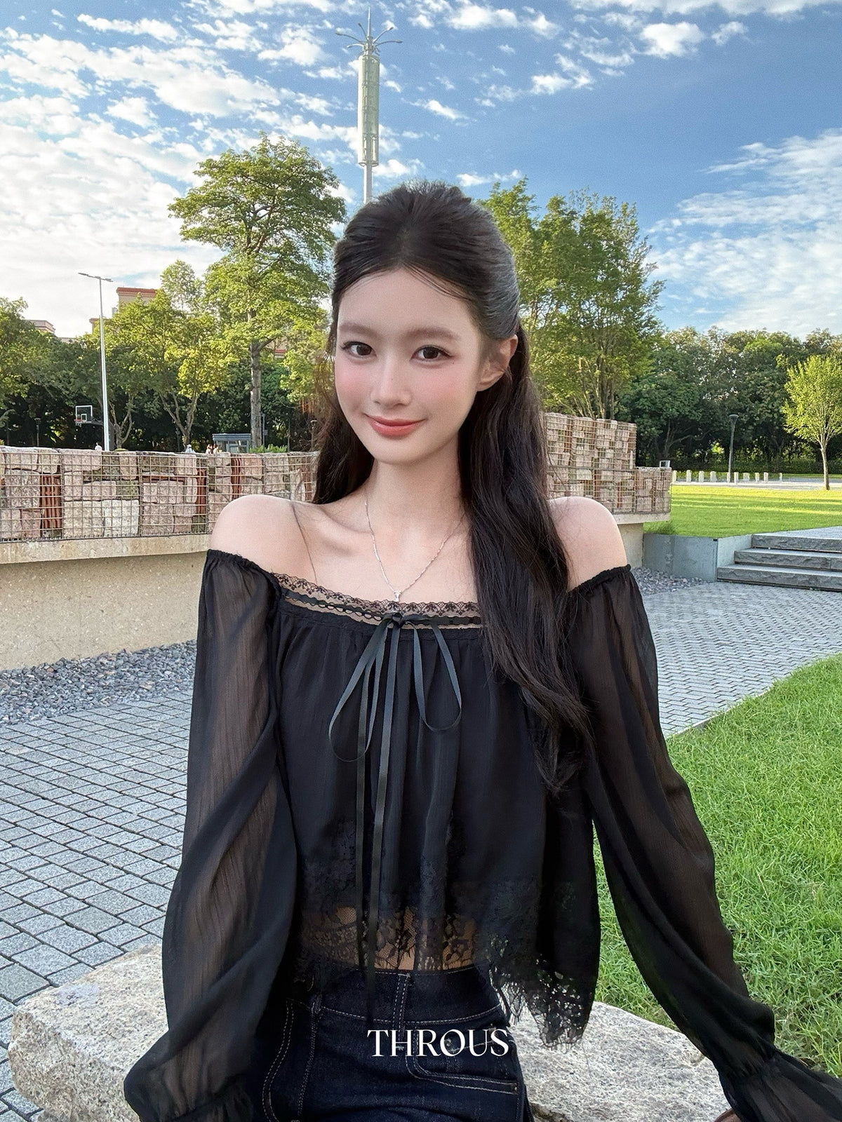 💕溫柔蕾絲邊雪紡長袖短款上衣