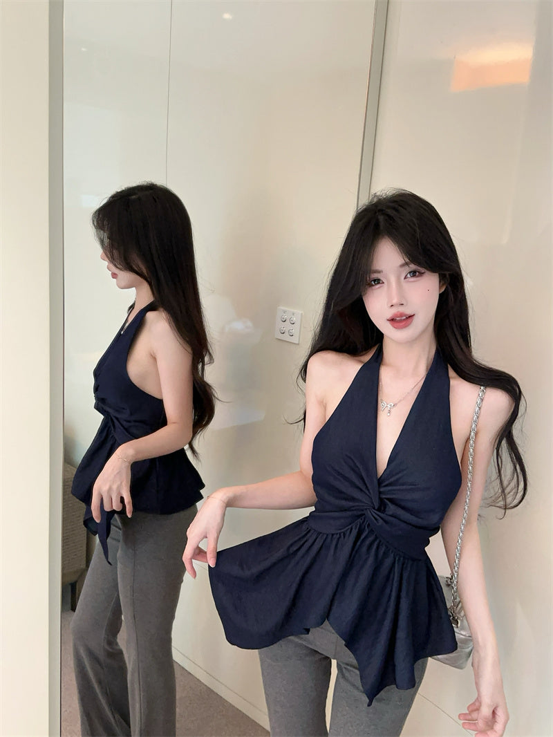 💕氣質深V牛仔掛脖露背顯瘦抹胸背心