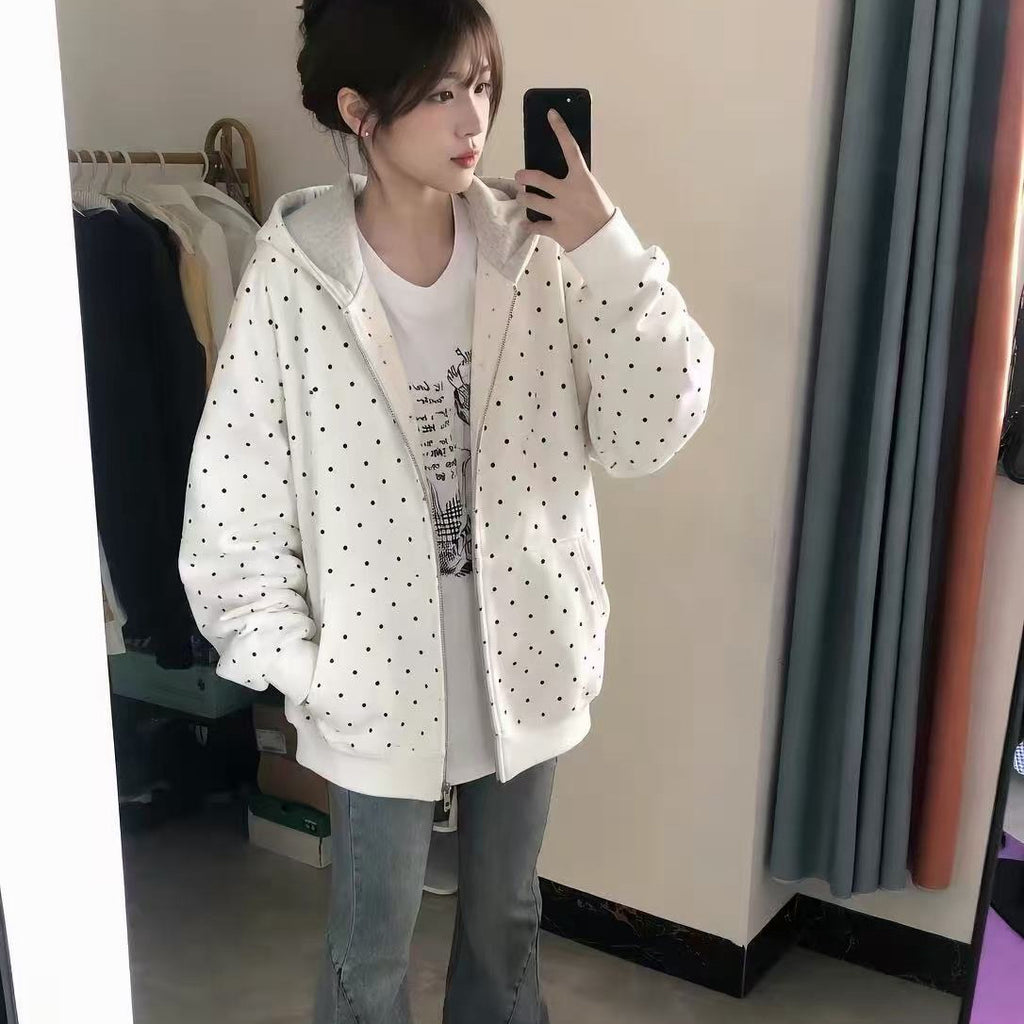 💕時尚簡約韓系點點白色連帽拉鍊外套