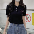 💕百搭甜美POLO領蝴蝶結刺繡針織衫
