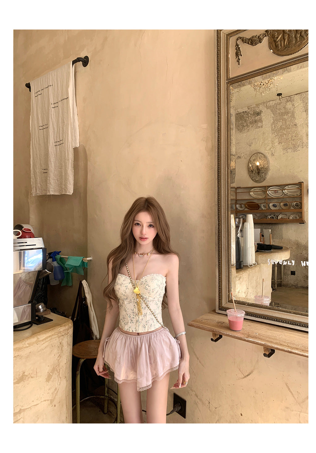 💕清新碎花蕾絲抹胸緞面半裙套裝