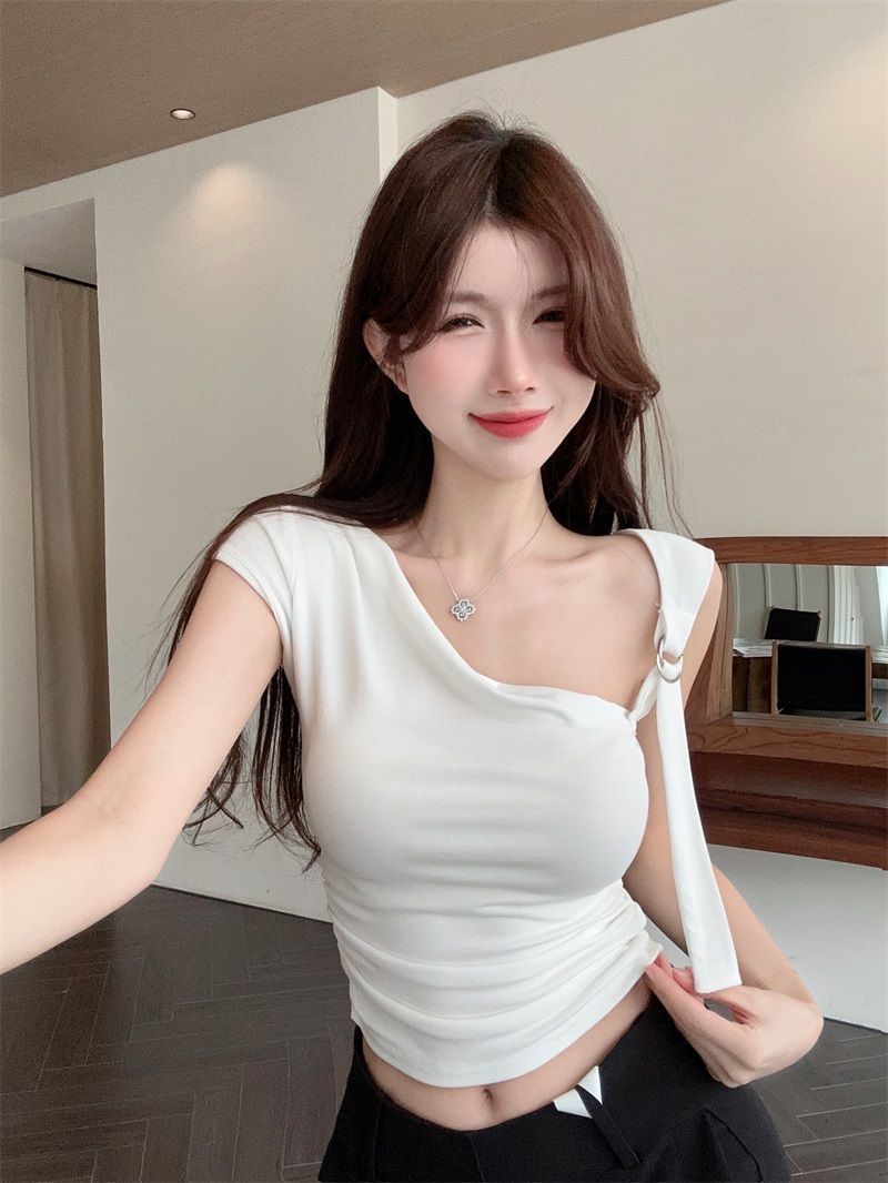 💕不規則斜領露肩露臍短袖上衣