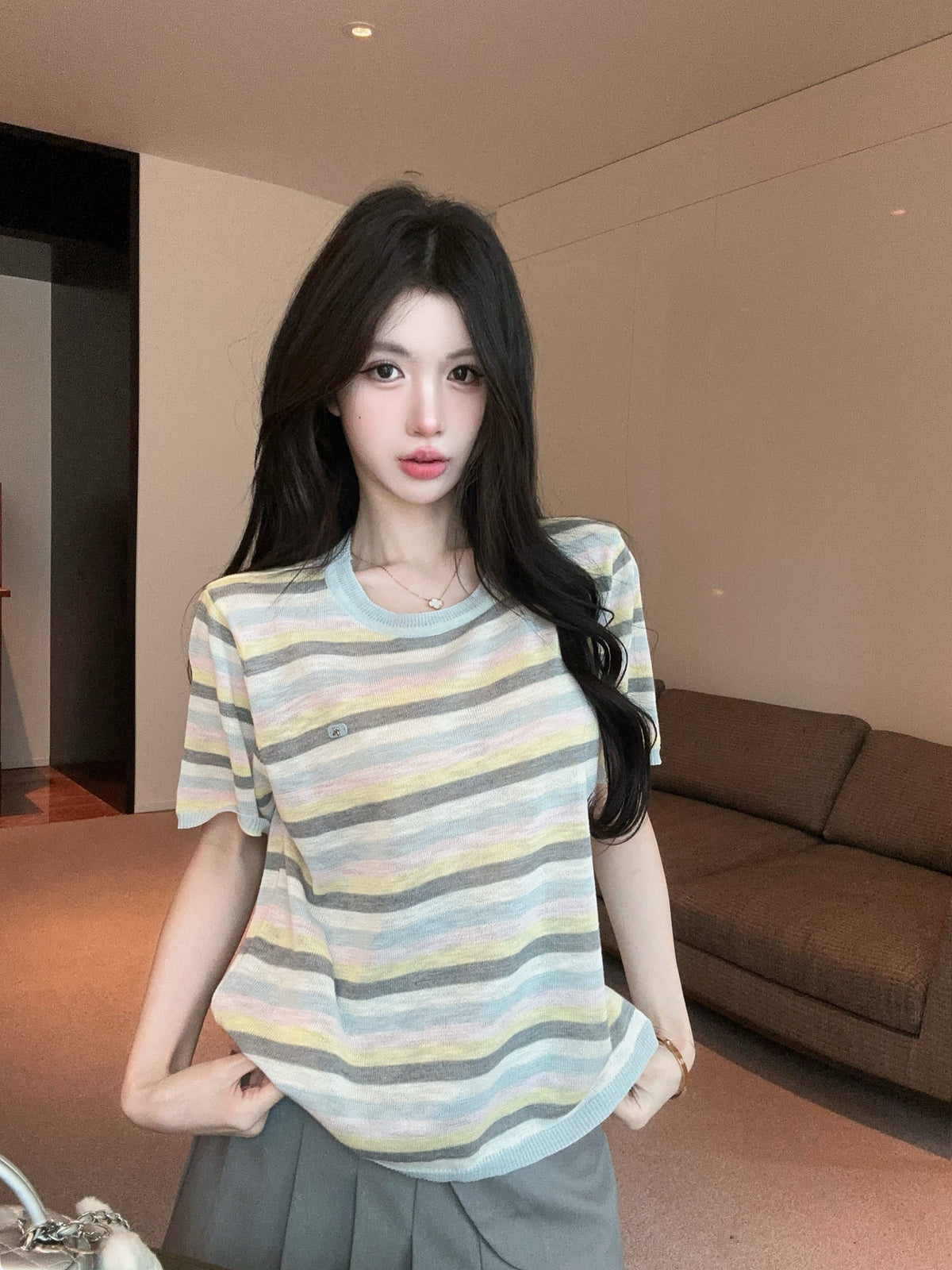 💕夏季清透感柔軟撞色條紋針織衫上衣