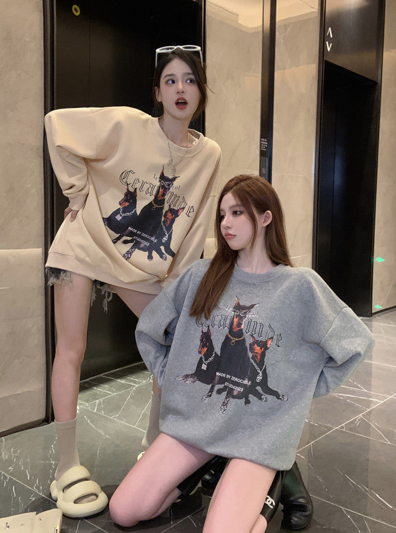 💕美式帥氣杜賓犬印花寬鬆中長衛衣