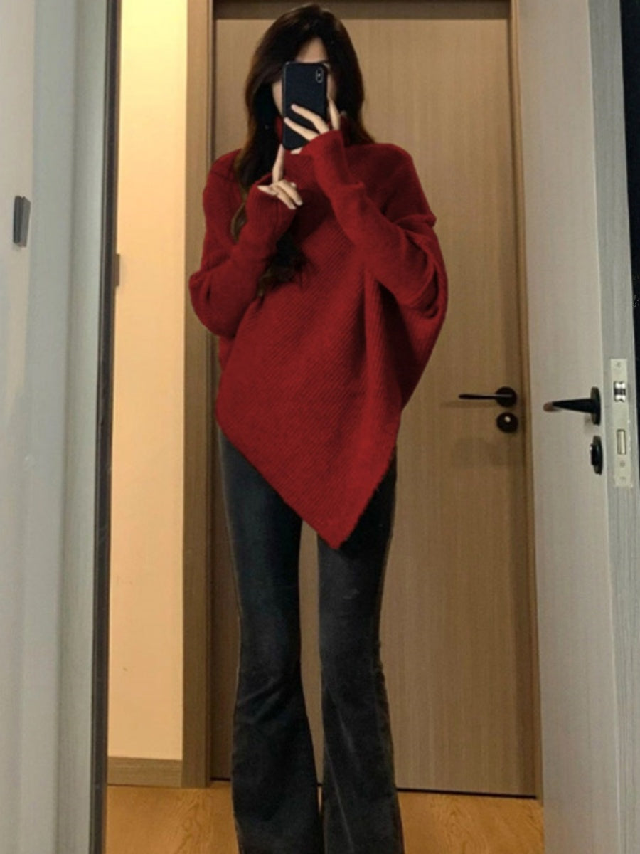 💕溫柔韓系慵懶不規則高領加厚針織毛衣