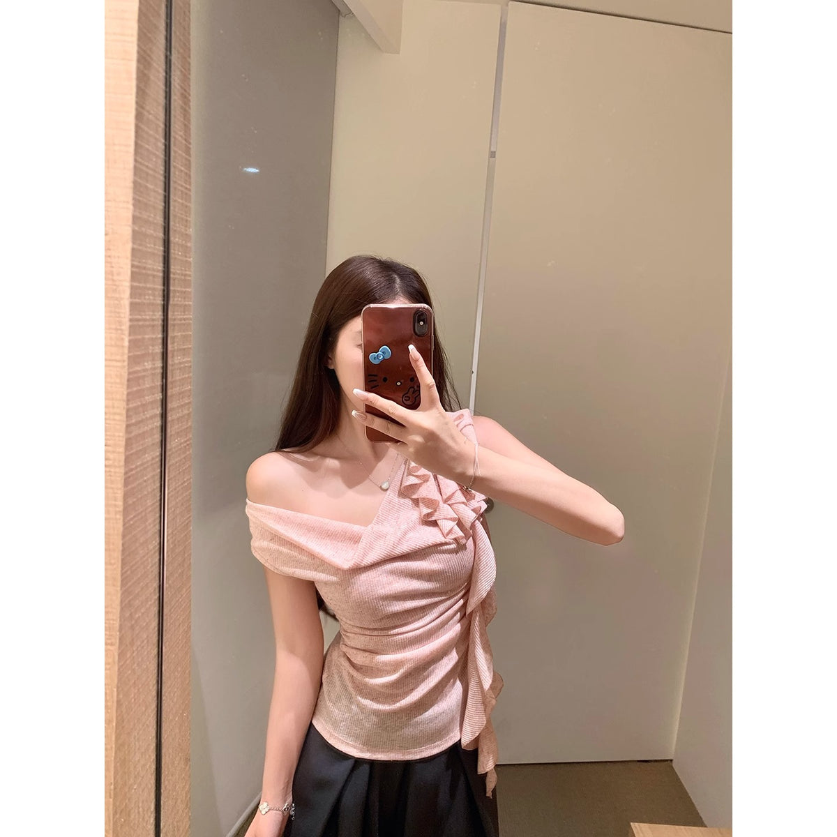 💕天絲螺紋盪領飄帶花朵斜肩褶皺上衣