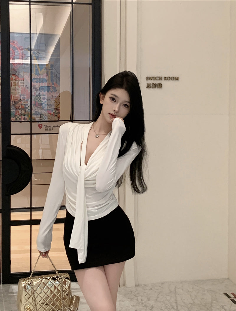 💕韓系設計感褶皺盪領飄帶長袖打底衣