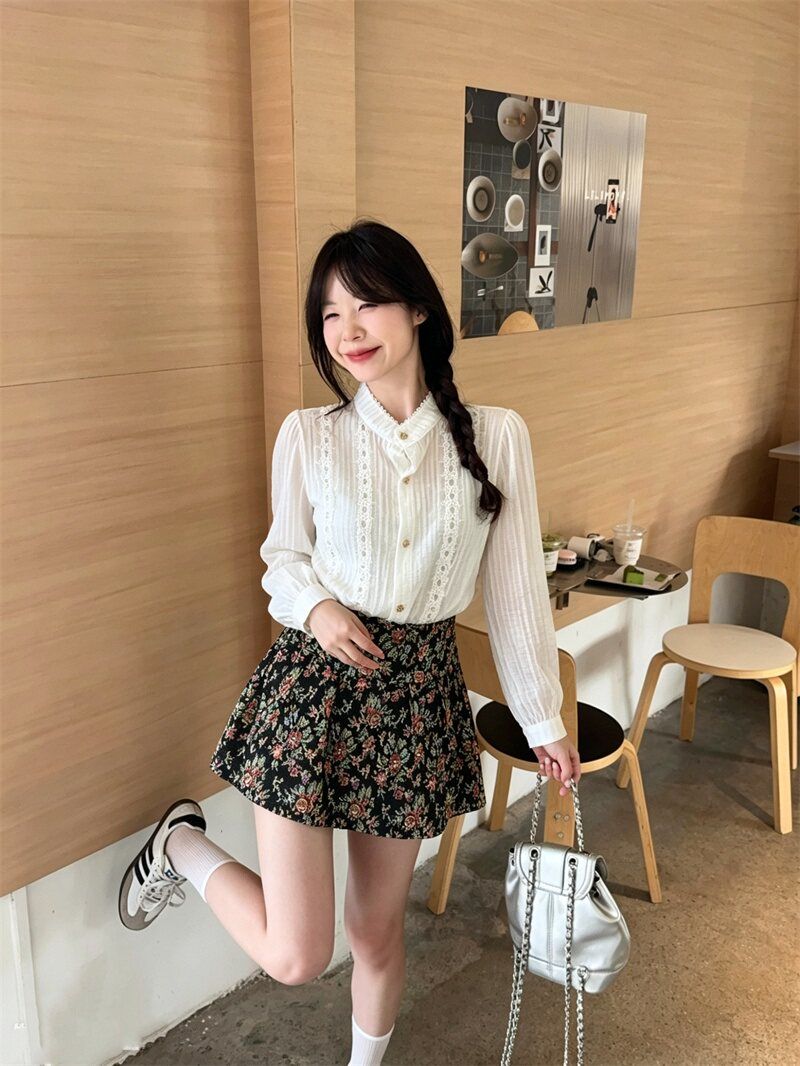 💕法式泡泡袖襯衫碎花半身裙小個子兩件套