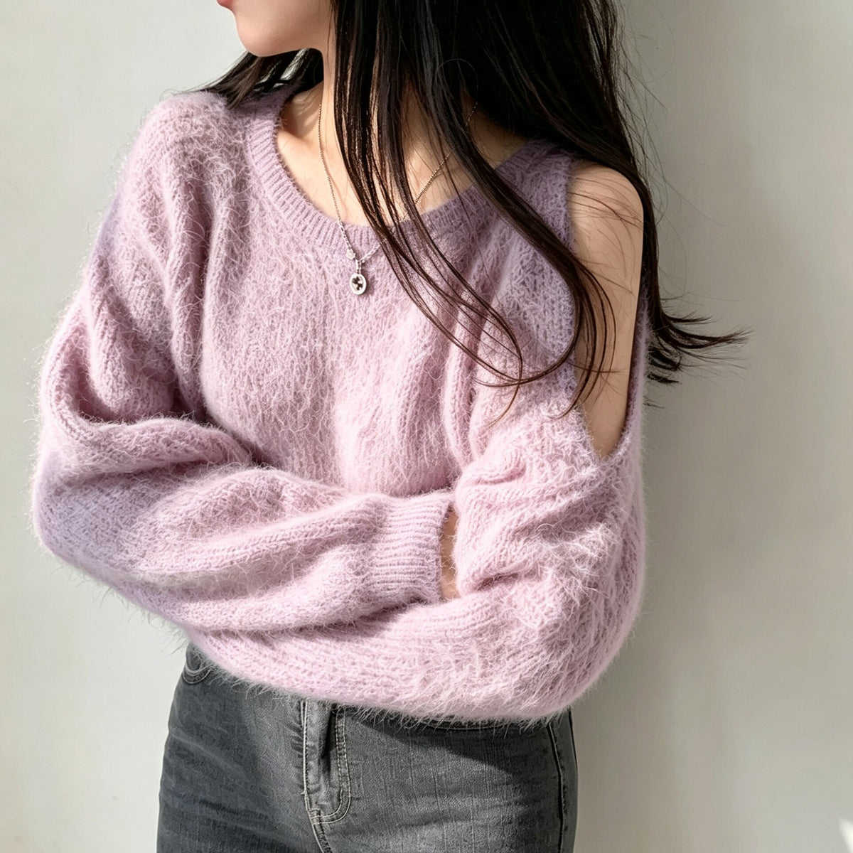 💕chic韓系秋冬短款露肩毛茸茸針織衫