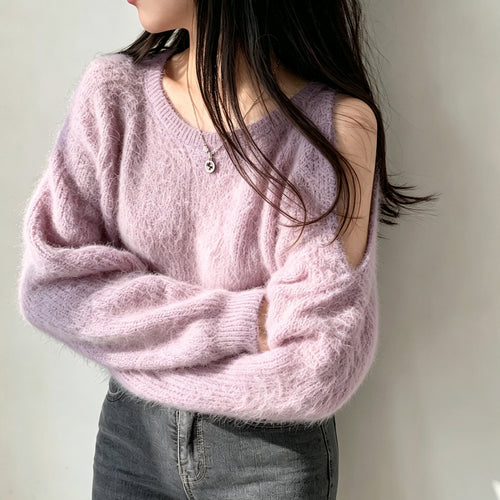 💕chic韓系秋冬短款露肩毛茸茸針織衫