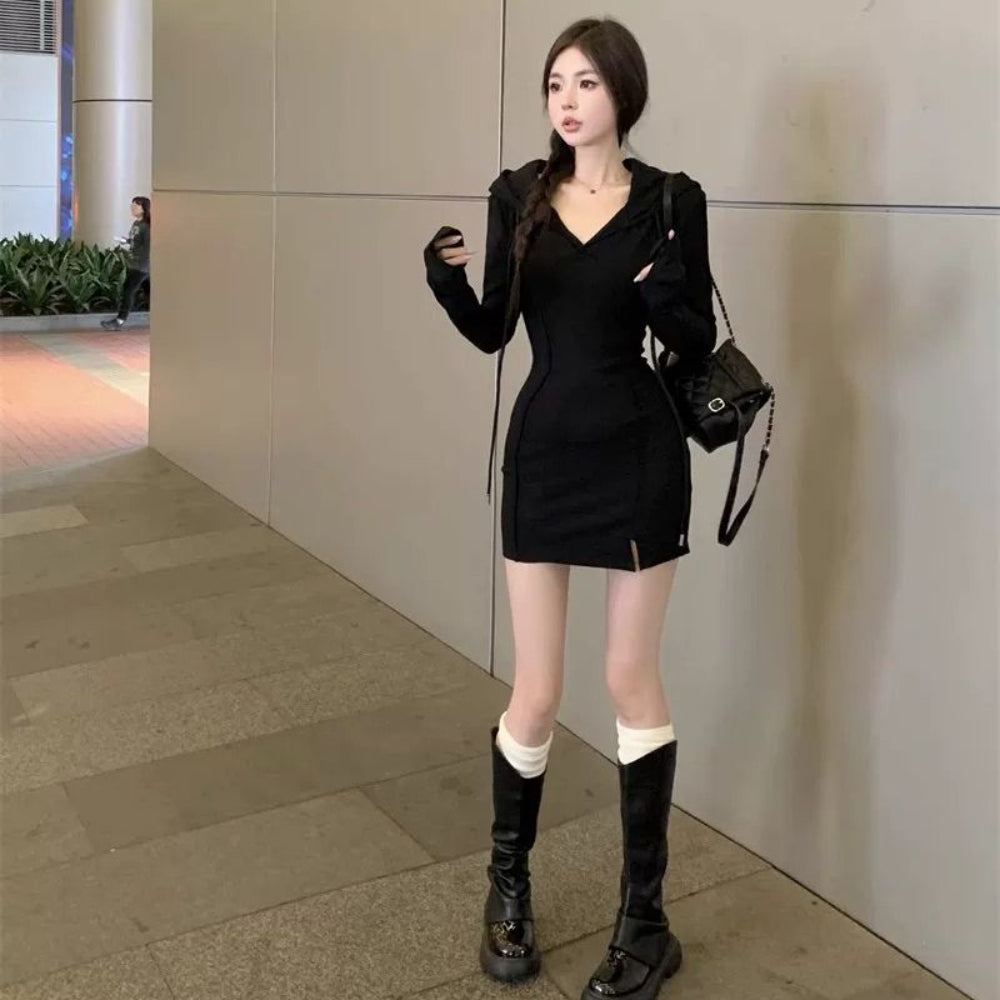 💕簡約純欲辣妹緊身連帽包臀收腰短裙