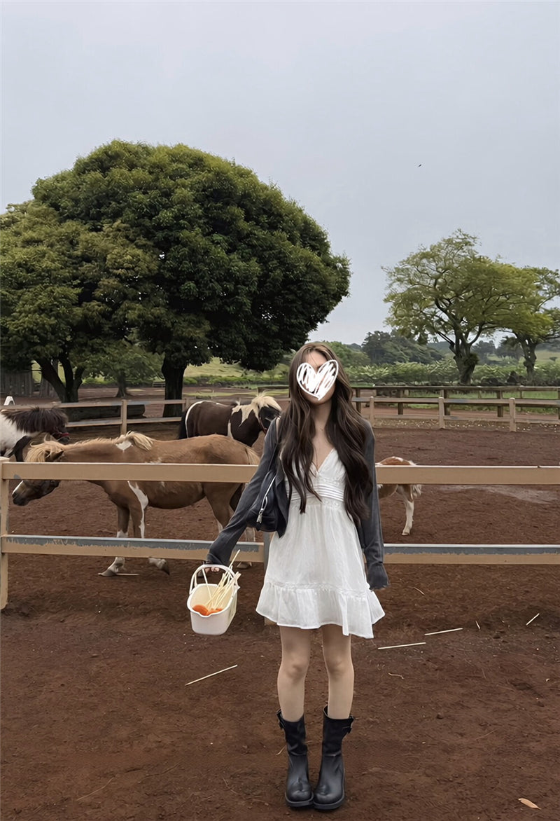 💕少女坑條理肌感針織開衫+蕾絲吊帶裙兩件套