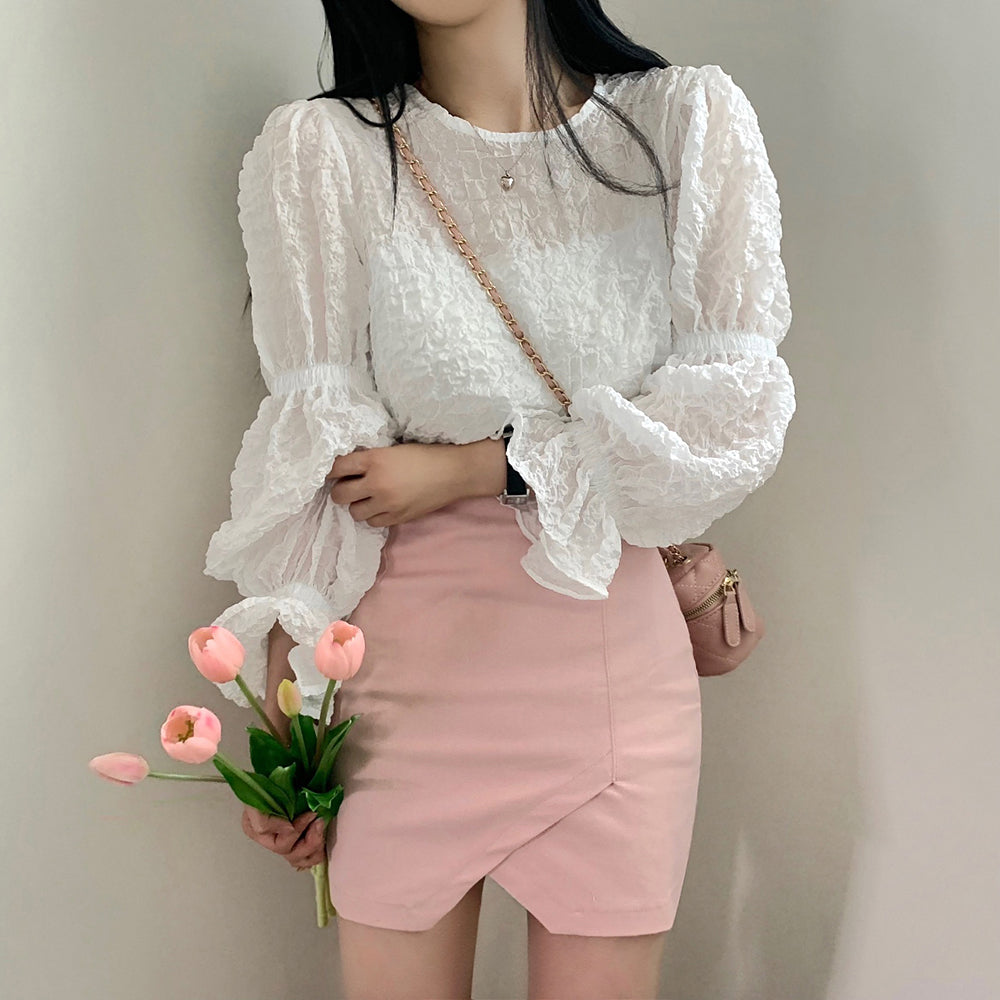 💕溫柔chic韓系泡泡皺褶圓領燈籠袖襯衫