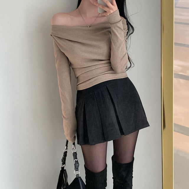 💕溫柔春秋純欲露肩+飄帶顯瘦法式上衣