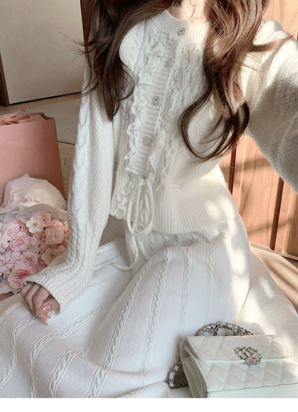 💕繁華勾花宮廷千金感花邊系帶毛衣外套