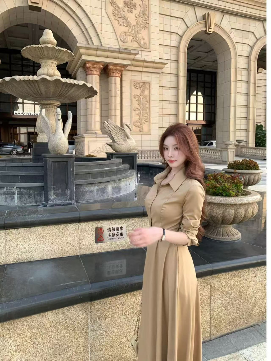 💕秋冬韓系高級感翻領長袖配腰帶連身裙