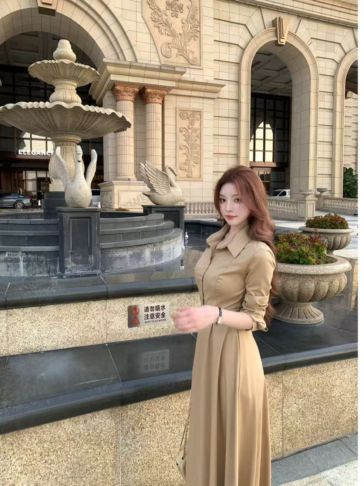 💕秋冬韓系高級感翻領長袖配腰帶連身裙