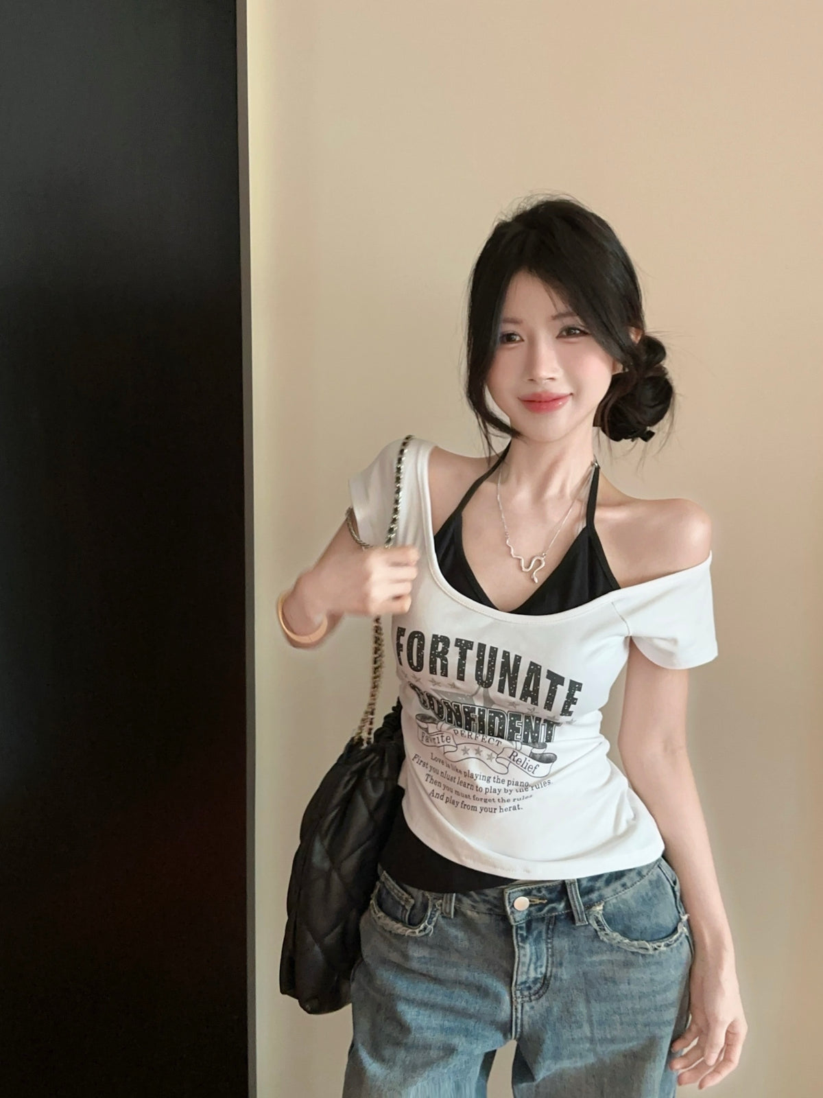 💕夏季新款小心機掛脖假兩件上衣