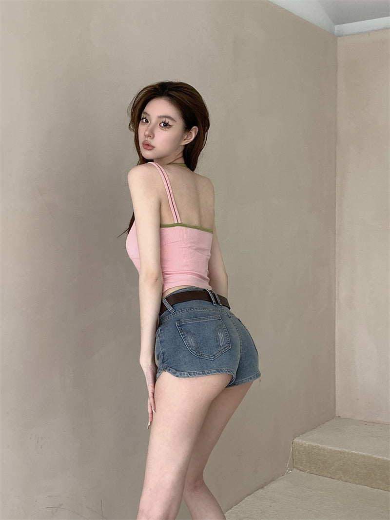 💕春夏熱辣假兩件帶胸墊吊帶背心