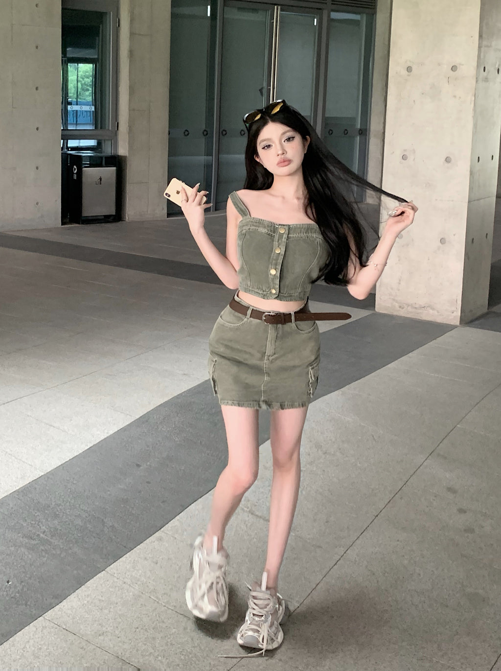 💕辣妹復古吊帶背心上衣配高腰半身裙牛仔套裝
