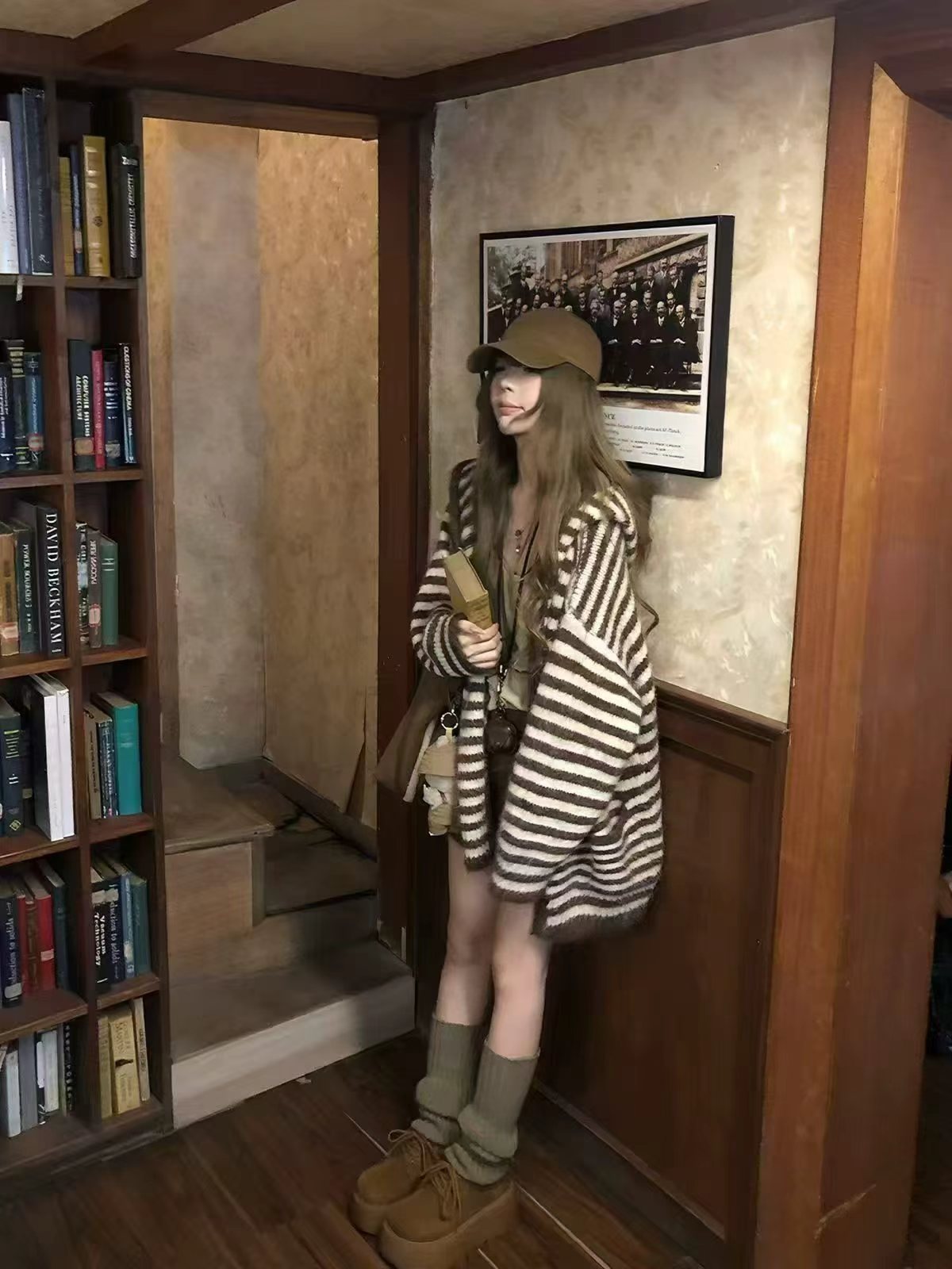 💕韓系慵懶軟糯條紋連帽針織開衫毛衣外套