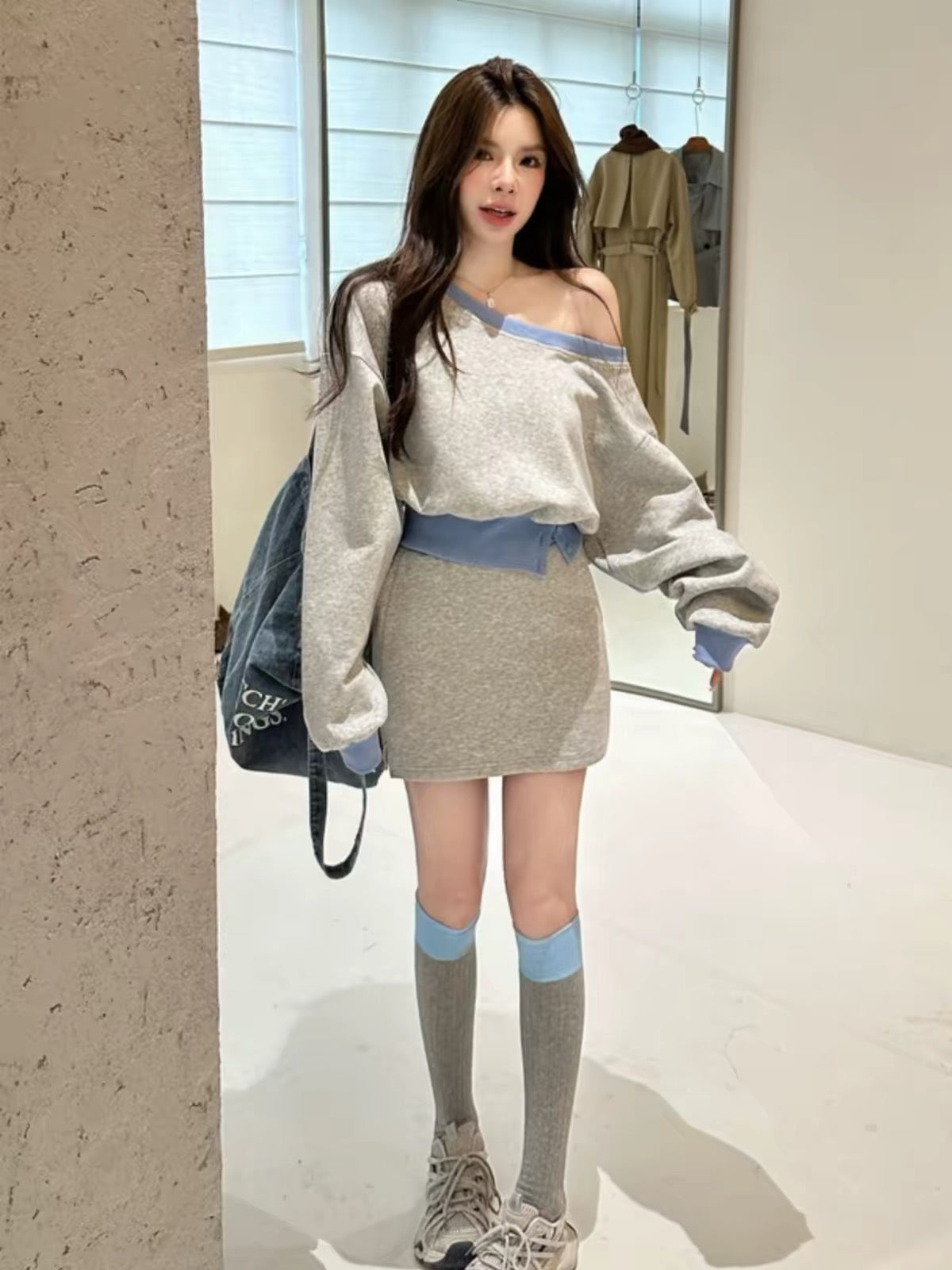 💕韓系辣妹露肩衛衣包臀短裙休閒套裝