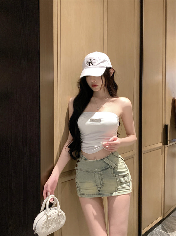 💕不規則緊身彈力刷舊牛仔短裙