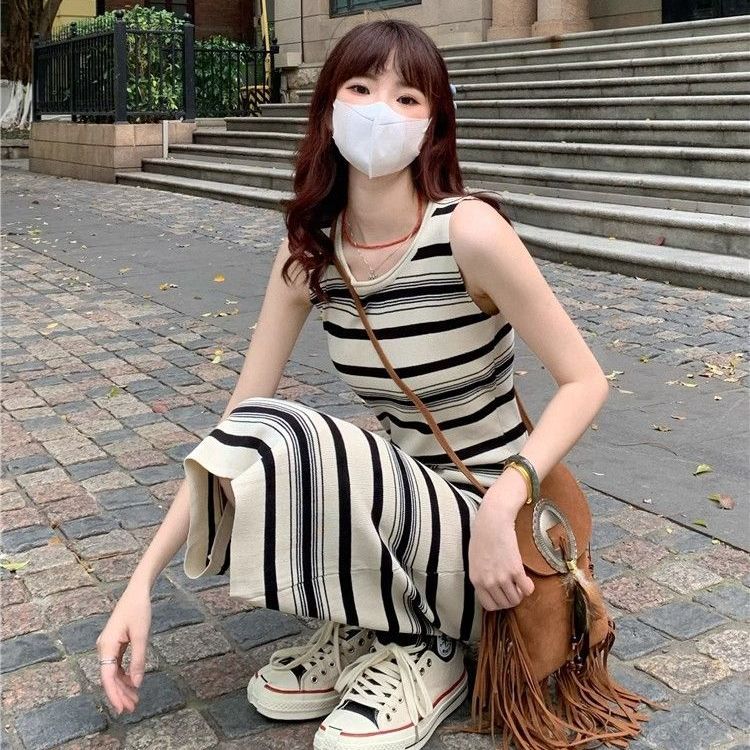 💕韓系休閒條紋背心中長修身無袖連身裙