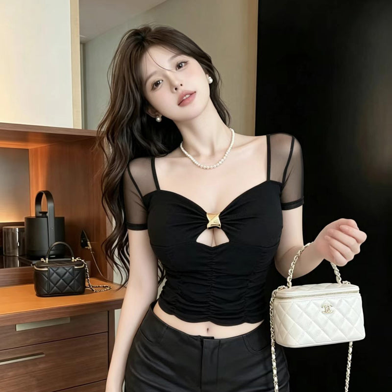 💕性感金屬扣網紗拼接百搭顯瘦上衣