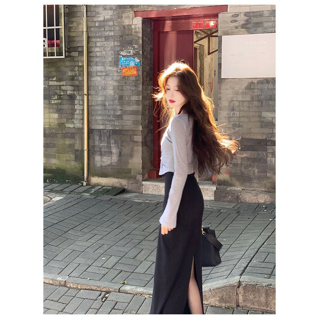💕休閒氣質百搭扭結假兩件掛脖修身顯瘦連衣裙