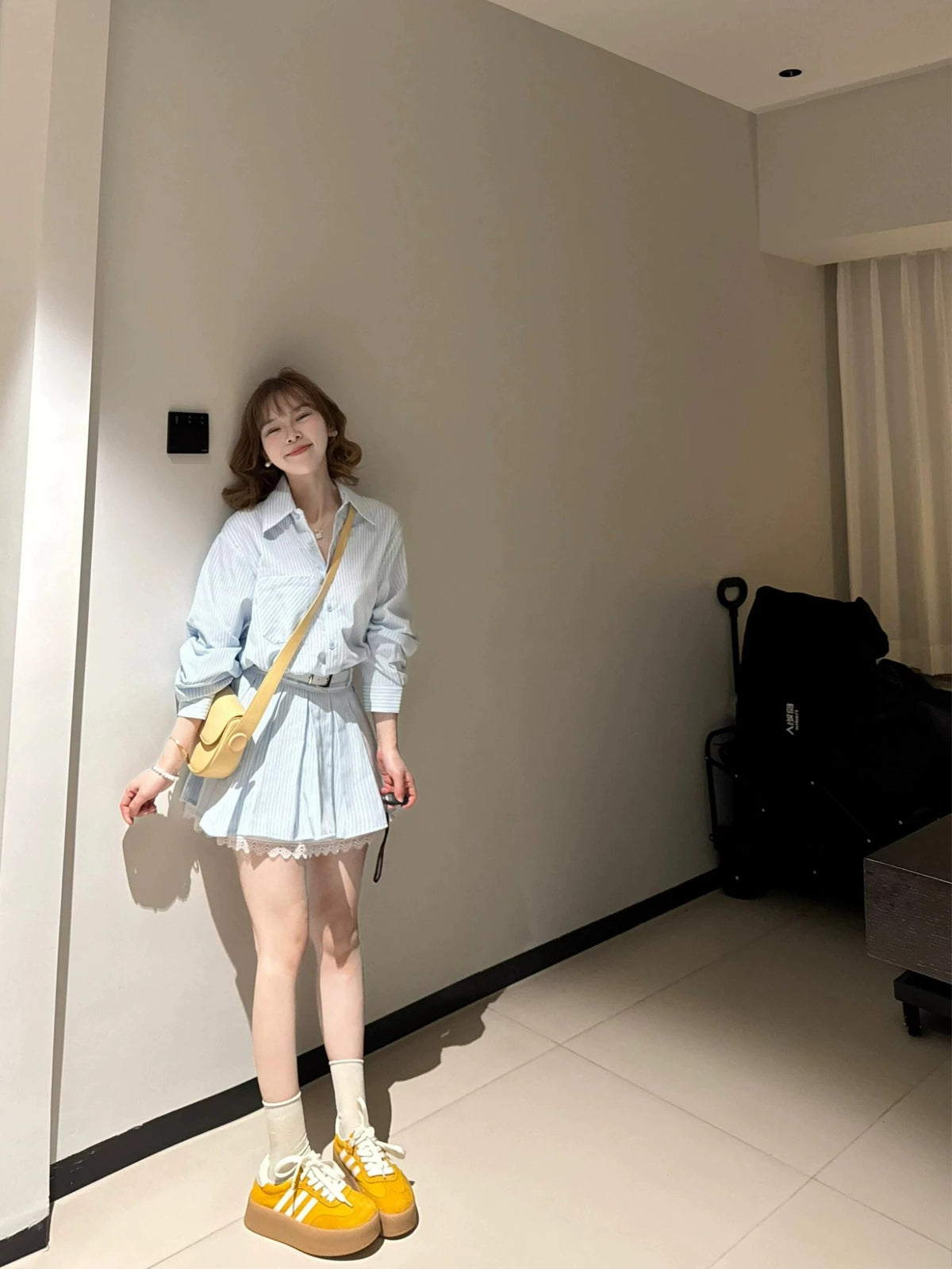 💕蕾絲拼接配腰帶條紋長袖小個子連衣裙