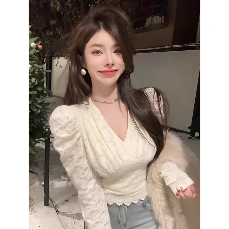 💕韓系春款泡泡袖蕾絲短版上衣